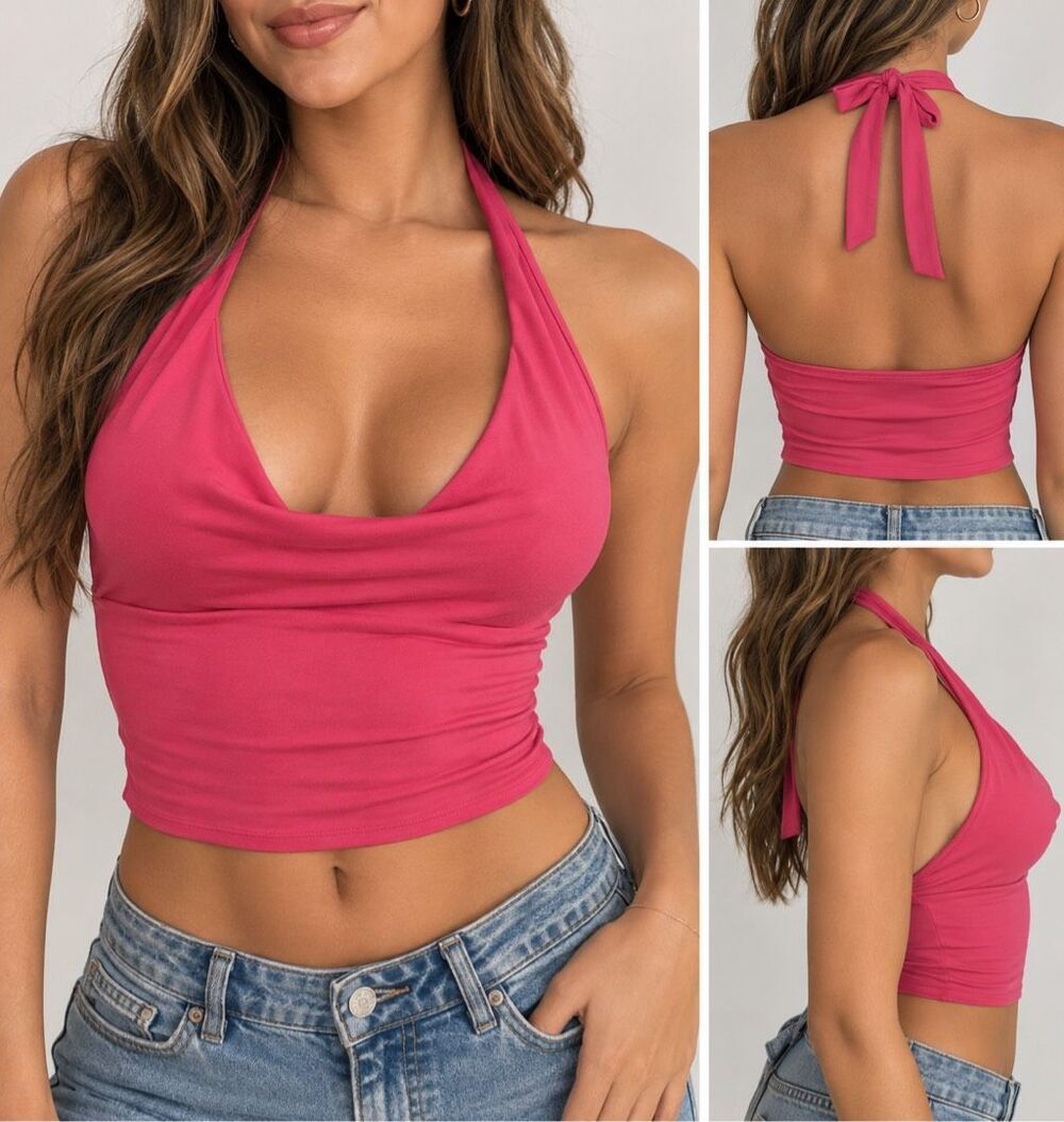 Hollister Pink Halter Crop Top Medium Y2K Backless Going Out